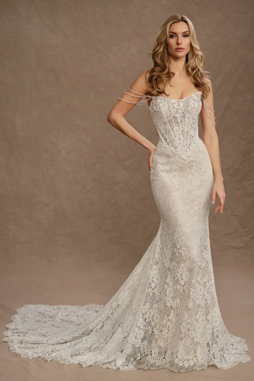 A model wearing an elegant, detailed lace wedding gown with a fitted bodice and a long train.