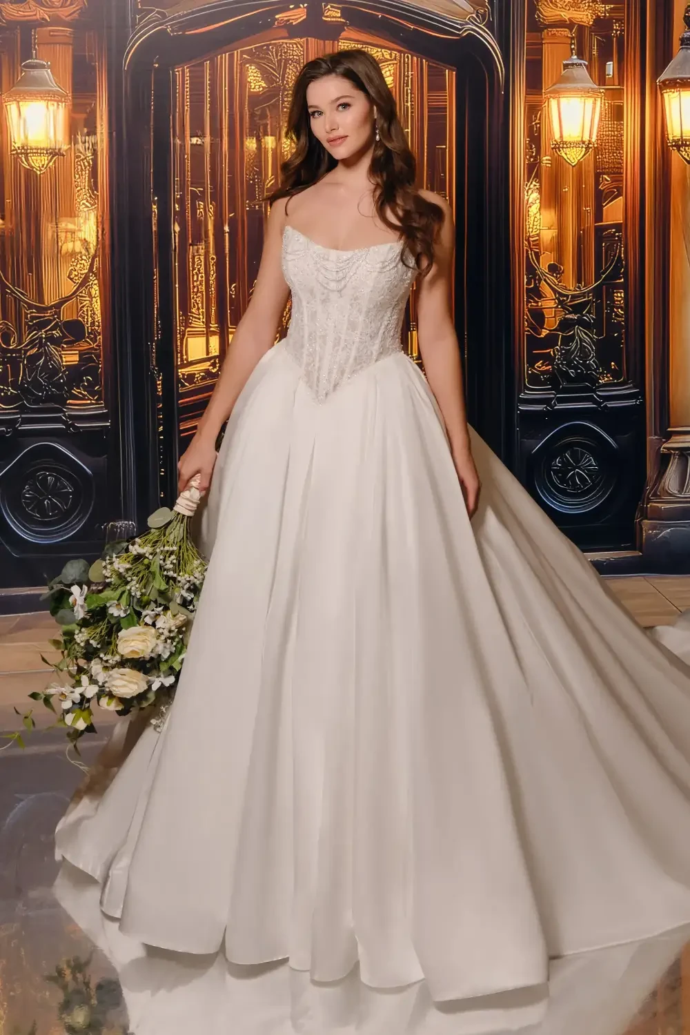 A woman in a flowing white wedding dress, holding a bouquet, stands in front of a beautifully lit backdrop resembling an ornate entrance.