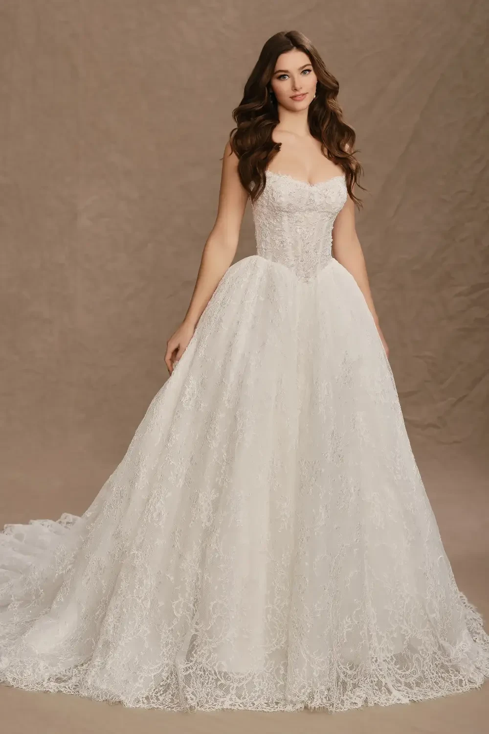 A woman wearing an elegant, intricate wedding dress with a fitted bodice and a full skirt, posing gracefully.