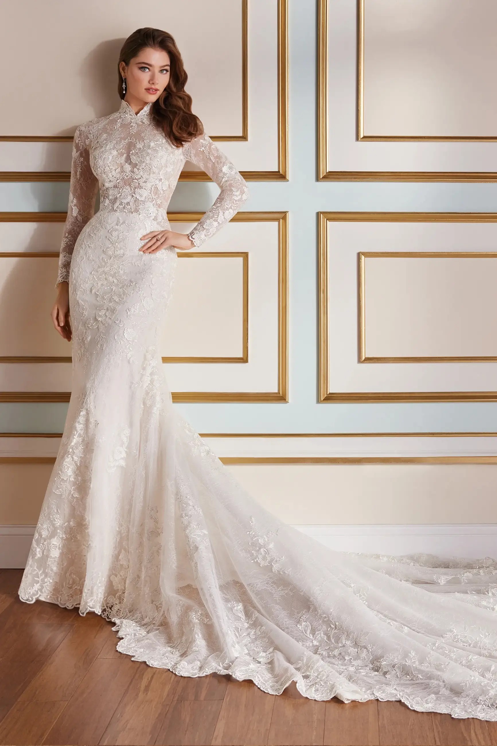 Model is wearing a wedding dress with a scalloped cathedral train and a semi sheer illusion bodice by martin thornburg