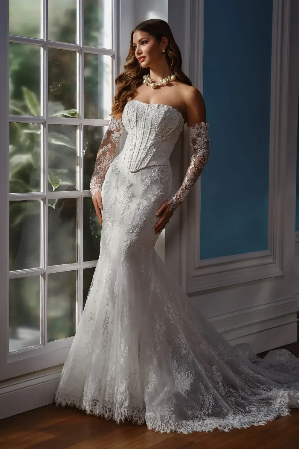 model is wearing an allover lace bridal gown with detachable off the shoulder long sleeves