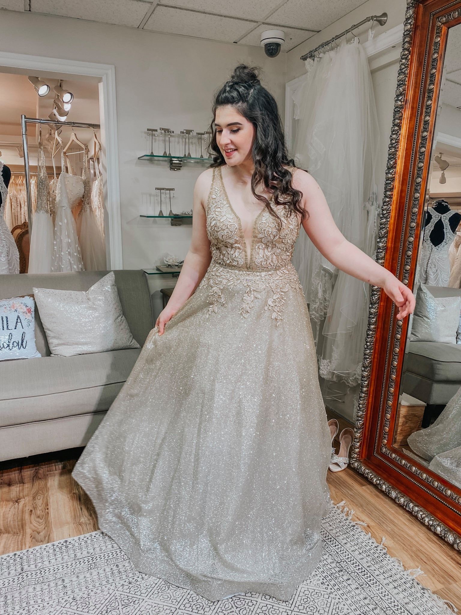 Photo of a real bride in a silver gown