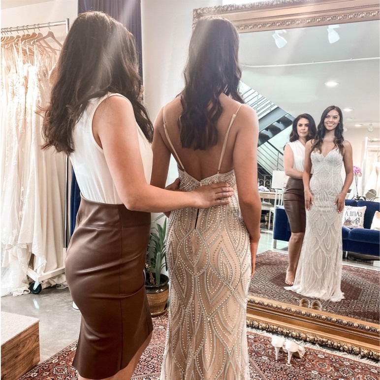 Photo of the real bride wearing an evening gown