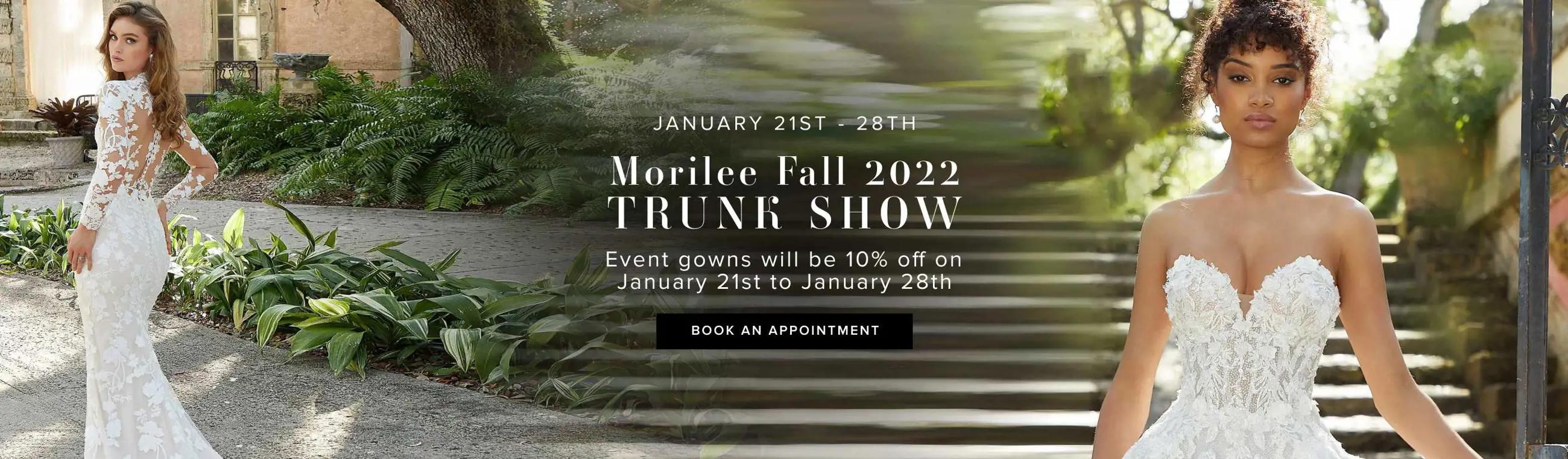 "Morilee Fall 2022 Trunk Show" banner for desktop